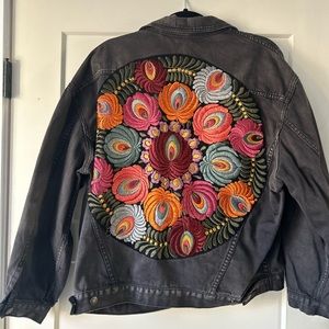 Free People Embroidered Distressed Black Denim Jacket size XS (oversized)